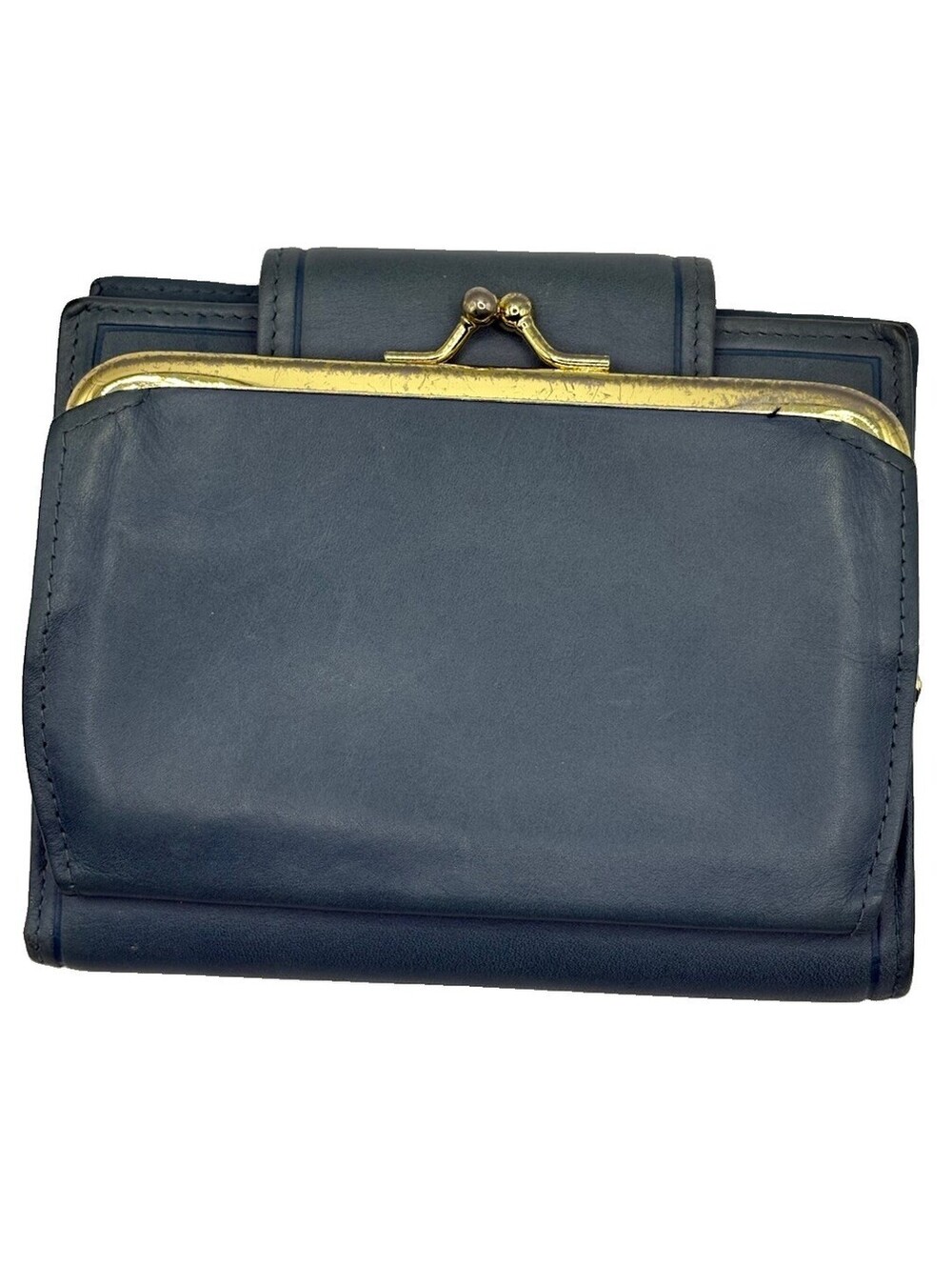 Vintage Buxton Navy Blue Genuine Leather Trifold Wallet Kiss Lock Coin Purse